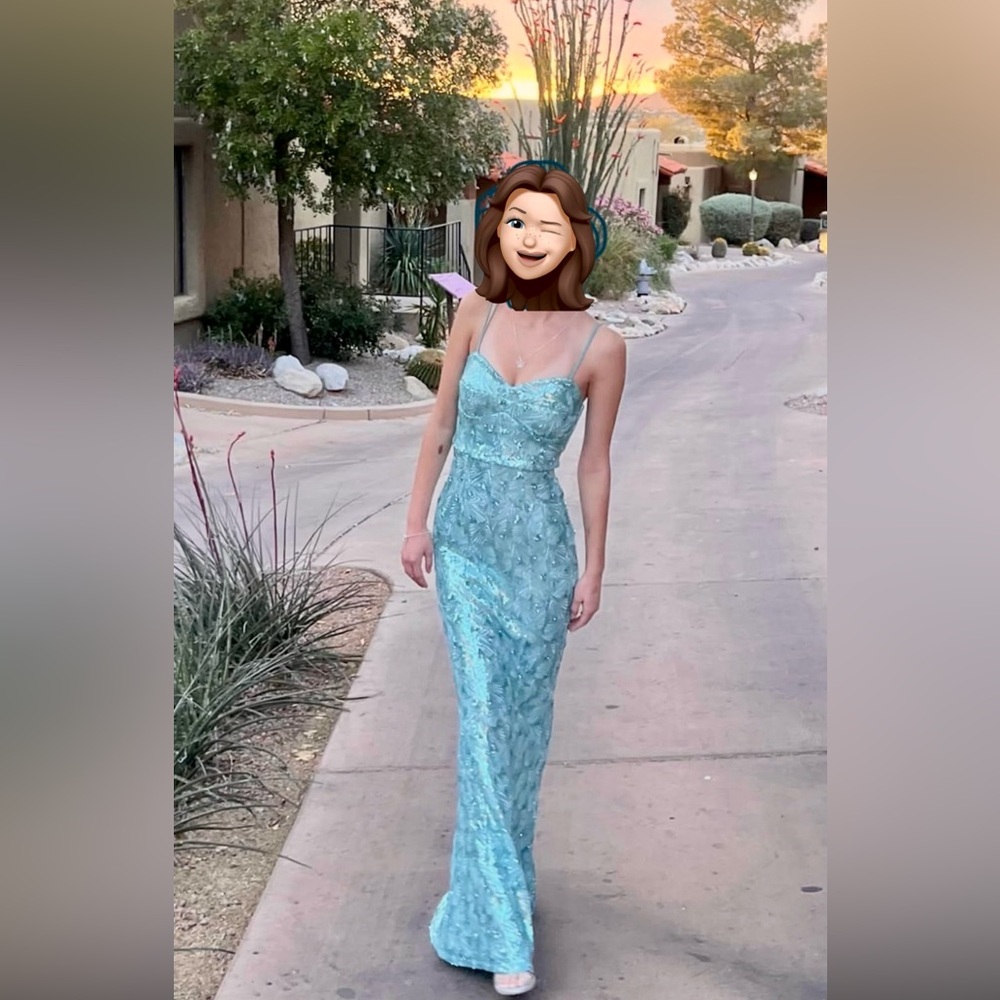 Speechless Seafoam Light Blue Sequin Maxi Slip Dress Size 3 Juniors Prom Gown - Picture 4 of 16